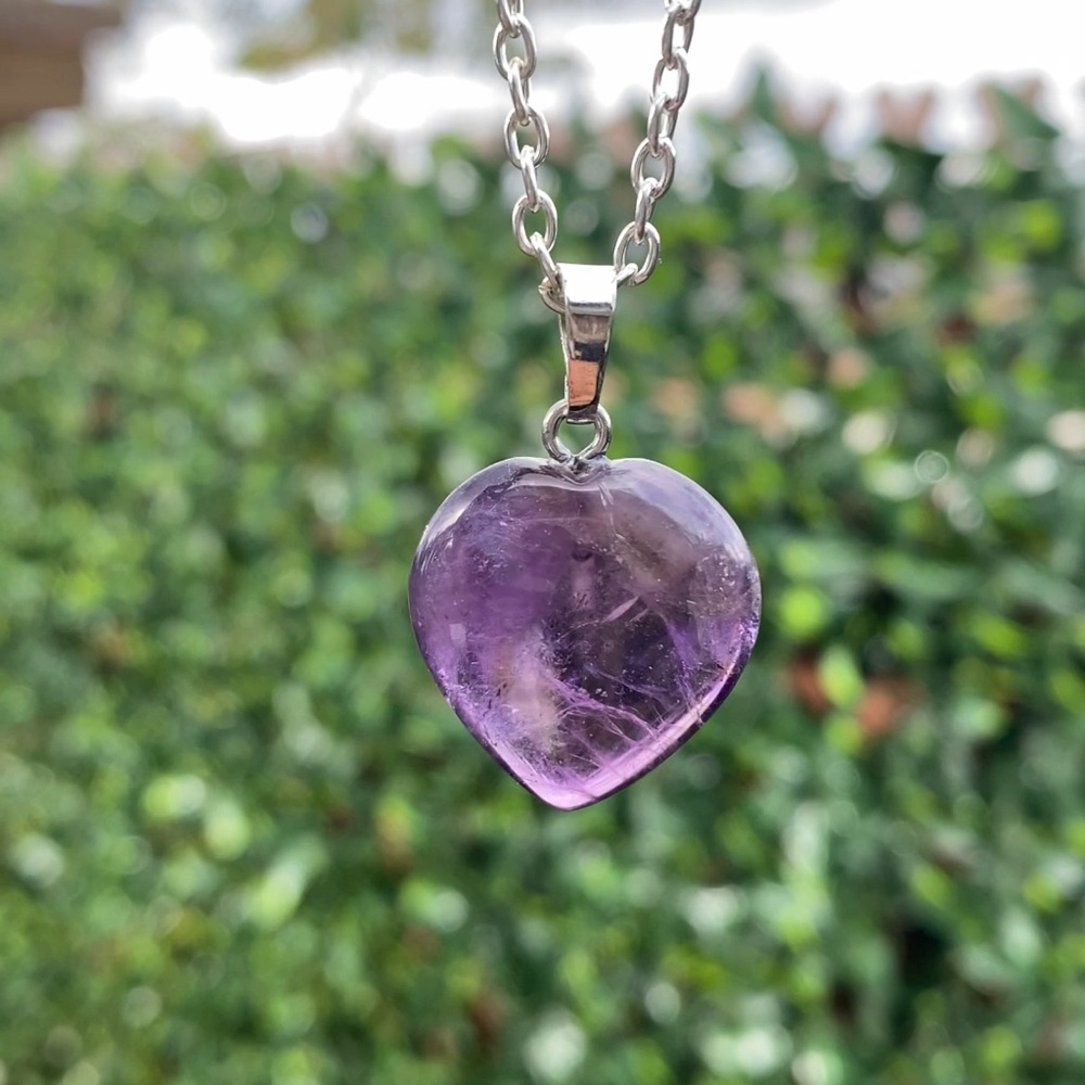 Authentic Amethyst Polished Heart Necklace with Costume Silver Necklace 24 inch